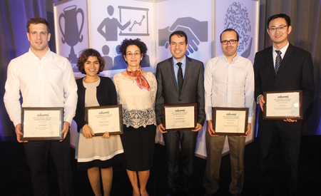 Dantzig博士论文(从左至右):Ian Osband(第二名)，Negin Golrezaei(获奖者)，Wedad Elmaghraby(主持人)，Mehdi Behroozi, Alvaro Lorca和Rong Yuan(荣誉提名奖)。